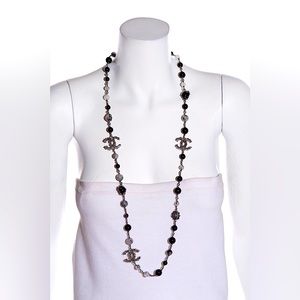 CHANEL Strass & Bead CC Logo Ruthenium-Plated Long Strand necklace w/box & pouch